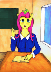 Size: 4816x6699 | Tagged: safe, artist:avak42, fluttershy, anthro, g4, absurd resolution, class, female, solo, student, traditional art