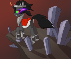 Size: 2500x2060 | Tagged: safe, artist:iados, king sombra, pony, umbrum, unicorn, g4, butt, crystal, crystal empire, dark magic, dock, fangs, grin, looking at you, looking back, magic, male, plot, smiling, solo, sombra eyes, sombutt, standing