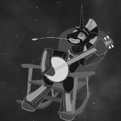 Size: 800x800 | Tagged: safe, oc, oc only, oc:niggertron, alicorn, pony, robot, :t, animated, banjo, blackface, chair, dexterous hooves, food, male, monochrome, musical instrument, racism, rocking chair, sitting, smiling, solo, space, stallion, stars, straw in mouth, wheat