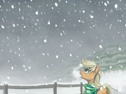 Size: 2400x1787 | Tagged: safe, artist:prismspark, applejack, g4, clothes, female, fence, looking up, scarf, snow, snowfall, solo, winter