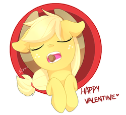 Size: 1280x1165 | Tagged: safe, artist:sion, applejack, g4, chocolate, eyes closed, female, floppy ears, mouth hold, open mouth, solo, valentine's day