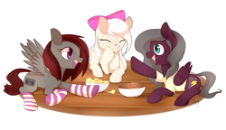 Size: 800x461 | Tagged: safe, artist:sion, oc, oc only, pegasus, pony, bow, clothes, eyes closed, socks, striped socks