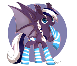 Size: 700x601 | Tagged: dead source, safe, artist:sion, oc, oc only, oc:duskmist, bat pony, pony, clothes, looking at you, socks, solo, striped socks