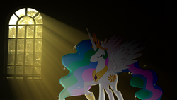 Size: 1920x1080 | Tagged: safe, artist:heart-of-stitches, artist:mr-kennedy92, princess celestia, g4, glowing, irl, photo, ponies in real life, shadow, solo, vector, window