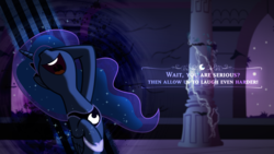 Size: 1920x1080 | Tagged: safe, artist:smokeybacon, artist:tamalesyatole, princess luna, g4, female, futurama, laughing, male, nose in the air, quote, reference, ruins, solo, throne room, vector, wallpaper
