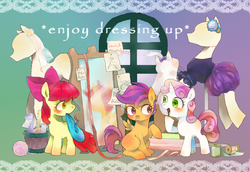 Size: 998x688 | Tagged: safe, artist:chi-hayu, apple bloom, scootaloo, sweetie belle, earth pony, pegasus, pony, unicorn, g4, blushing, clothes, cutie mark crusaders, dress, female, filly, hat, mannequin, mirror, mouth hold, ponyquin, yarn, yarn ball