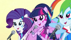 Size: 500x281 | Tagged: safe, screencap, rainbow dash, rarity, twilight sparkle, human, equestria girls, g4, my little pony equestria girls: rainbow rocks, shake your tail, alternative cutie mark placement, facial cutie mark, female, microphone, ponied up, wings