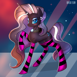 Size: 1280x1284 | Tagged: safe, artist:skyart301, nightmare rarity, pony, unicorn, g4, blushing, clothes, collar, female, horn, horn ring, kneesocks, mare, socks, solo, striped socks