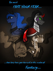 Size: 771x1037 | Tagged: safe, artist:moonraven2, king sombra, princess luna, alicorn, pony, unicorn, g4, colored horn, curved horn, female, horn, male, mare, severed horn, ship:lumbra, shipping, sombra's horn, stallion