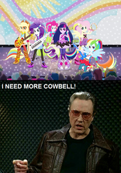 Size: 575x821 | Tagged: safe, applejack, fluttershy, pinkie pie, rainbow dash, rarity, twilight sparkle, equestria girls, g4, my little pony equestria girls: rainbow rocks, shake your tail, band, bass guitar, bruce dickenson, christopher walken, drums, guitar, keytar, microphone, more cowbell, musical instrument, ponied up, tambourine