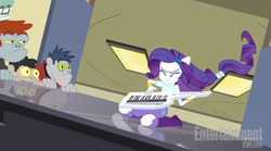 Size: 610x340 | Tagged: dead source, safe, screencap, fido, rarity, rover, spot, diamond dog, equestria girls, g4, my little pony equestria girls: rainbow rocks, player piano, boots, bug-eyes, diamond dudes, keytar, musical instrument, ponied up, shoes