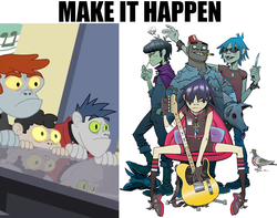 Size: 852x672 | Tagged: safe, fido, rover, spot, diamond dog, equestria girls, g4, my little pony equestria girls: rainbow rocks, 2-d, cigarette, diamond dudes, exploitable meme, gorillaz, guitar, make it happen, meme, murdoc, musical instrument, noodle, russel, smoking