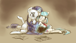 Size: 900x518 | Tagged: source needed, safe, artist:tarakanovich, coco pommel, rarity, earth pony, pony, unicorn, g4, blushing, duo, magazine, magic, reading, simple background, sitting, sketch