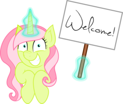 Size: 972x821 | Tagged: safe, artist:claritea, oc, oc only, oc:flower blossom, pony, unicorn, glowing horn, horn, magic, sign, simple background, solo, telekinesis, transparent background