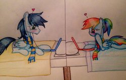 Size: 1024x653 | Tagged: safe, artist:dreamyeevee, rainbow dash, soarin', g4, clothes, female, male, scarf, ship:soarindash, shipping, straight, traditional art