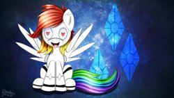 Size: 1191x670 | Tagged: dead source, safe, artist:yuukon, oc, oc only, oc:tei, pegasus, pony, robot, robot pony, cutie mark, cutie mark background, heart, heart eyes, rainbow hair, solo, spread wings, tongue out, wallpaper, wingding eyes, wings