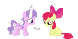 Size: 1253x638 | Tagged: safe, artist:chibi95, apple bloom, diamond tiara, earth pony, pony, g4, cute, dialogue, diamondbetes, female, filly, sad, simple background, transparent background