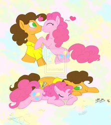 Size: 842x948 | Tagged: dead source, safe, artist:mbboxen, cheese sandwich, pinkie pie, g4, deviantart watermark, female, heart, male, obtrusive watermark, ship:cheesepie, shipping, straight, watermark