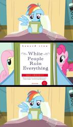 Size: 581x1000 | Tagged: safe, edit, edited screencap, screencap, rainbow dash, earth pony, pegasus, pony, g4, read it and weep, bed, book, comic, floppy ears, hospital bed, racism, reading rainbow, screencap comic