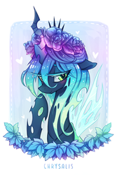 Size: 635x950 | Tagged: safe, artist:jopiter, queen chrysalis, changeling, changeling queen, g4, blushing, female, floral head wreath, poison ivy, portrait, solo