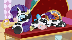 Size: 1280x720 | Tagged: safe, artist:facelessjr, rarity, cow, cow pony, pony, unicorn, g4, bedroom eyes, bow, bucket, cheese, couch, cowified, fainting couch, female, horns, implied milking, looking at you, nipple piercing, raricow, ring, solo, species swap, sultry pose, tail bow, tengwar, udder