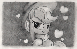 Size: 800x507 | Tagged: safe, artist:hewison, applejack, g4, bedroom eyes, female, grayscale, heart, looking at you, monochrome, solo, traditional art