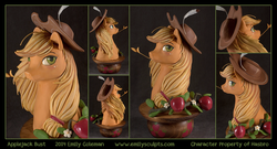 Size: 1250x674 | Tagged: safe, artist:antiander, artist:emilysculpts, applejack, earth pony, pony, g4, bust, feather, irl, photo, sculpture, solo, style emulation