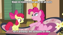 Size: 960x540 | Tagged: source needed, useless source url, safe, edit, edited screencap, screencap, apple bloom, pinkie pie, g4, pinkie apple pie, cute, friedrich nietzsche, grimcute, image macro, meme, nihilism, quote, roflbot