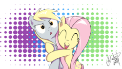 Size: 1920x1080 | Tagged: safe, artist:nadyad, derpy hooves, fluttershy, pegasus, pony, g4, cute, derpabetes, female, hug, mare, shyabetes, surprised, unamused, underp