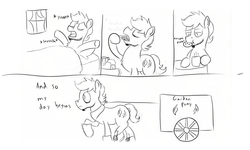 Size: 3000x1800 | Tagged: safe, artist:frikdikulous, oc, oc only, earth pony, pony, coffee, comic, cookie, facial hair, monochrome, sketch