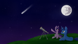 Size: 1920x1080 | Tagged: safe, artist:wolfypon, night light, twilight sparkle, pony, unicorn, g4, duo, father and daughter, mare in the moon, meteor, moon, night, shooting star, stargazing, telescope