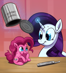 Size: 2000x2208 | Tagged: safe, artist:dimfann, pinkie pie, rarity, g4, can, canned laughter, food, micro, ponk, surprised, table