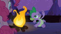 Size: 1366x768 | Tagged: safe, screencap, pinkie pie, spike, dragon, pony, g4, my little pony: friendship is magic, over a barrel, campfire, female, fire, male, mare, night, tipi