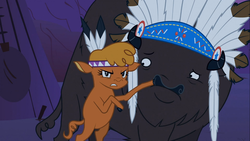 Size: 1366x768 | Tagged: safe, screencap, chief thunderhooves, little strongheart, bison, buffalo, g4, over a barrel, tipi