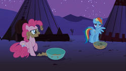 Size: 1366x768 | Tagged: safe, screencap, pinkie pie, rainbow dash, earth pony, pegasus, pony, g4, my little pony: friendship is magic, over a barrel, butt, dirty, female, frown, gritted teeth, mare, night, open mouth, plot, rainbutt dash, raised hoof, smiling, spread wings, tipi