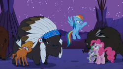 Size: 1366x768 | Tagged: safe, screencap, chief thunderhooves, little strongheart, pinkie pie, rainbow dash, spike, bison, buffalo, dragon, earth pony, pegasus, pony, g4, over a barrel, female, male, mare, night, tipi, unnamed buffalo, unnamed character