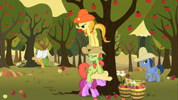 Size: 1366x768 | Tagged: safe, screencap, berry punch, berryshine, blues, jonagold, marmalade jalapeno popette, noteworthy, peachy sweet, perfect pie, earth pony, pony, g4, over a barrel, apple, apple family member, apple orchard, apple tree, background pony, cowboy hat, eyes closed, female, food, hat, male, mare, mouth hold, pony pile, stallion, stetson, tower of pony, tree