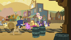 Size: 1366x768 | Tagged: safe, screencap, applejack, berry punch, berryshine, doctor whooves, fluttershy, goldengrape, rarity, sir colton vines iii, time turner, twilight sparkle, g4, over a barrel, male, stallion