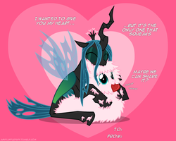 Size: 1250x1000 | Tagged: safe, artist:mixermike622, queen chrysalis, oc, oc:fluffle puff, g4, cuddling, eyes closed, heart, hug, mouth hold, prone, ship:chrysipuff, shipping, sitting, smiling, snuggling, valentine