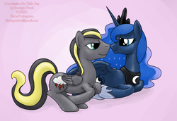 Size: 1453x1000 | Tagged: safe, artist:smudge proof, princess luna, oc, oc:cielo ray, alicorn, pegasus, pony, g4, boop, commission, eye contact, female, hearts and hooves day, hug, male, noseboop, prone, romantic, smiling, spread wings, straight, winghug