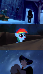 Size: 700x1208 | Tagged: safe, rainbow dash, human, pegasus, pony, fanfic:my little dashie, g4, disney, evil people finding dash meme, exploitable meme, filly, frollo, meme, snow, snowfall, the hunchback of notre dame