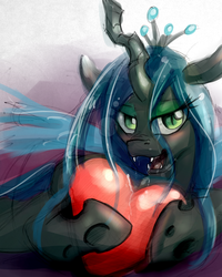 Size: 1280x1600 | Tagged: safe, artist:ruby, queen chrysalis, changeling, changeling queen, pony, g4, crown, fangs, female, heart, jewelry, looking at you, open mouth, regalia, solo