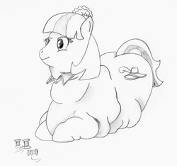 Size: 1584x1485 | Tagged: safe, artist:fatponysketches, coco pommel, earth pony, pony, g4, rarity takes manehattan, assistant, coco pudge, fat, female, monochrome, obese, prone, solo