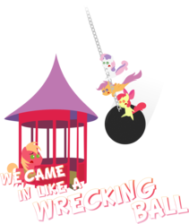 Size: 1972x2336 | Tagged: safe, artist:zacatron94, apple bloom, big macintosh, scootaloo, sweetie belle, earth pony, pony, g4, cutie mark crusaders, gazebo, male, miley cyrus, pointy ponies, stallion, this will end in tears and/or death and/or covered in tree sap, wrecking ball