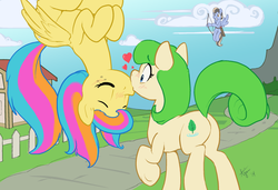 Size: 1100x752 | Tagged: safe, artist:ajin, oc, oc only, oc:golden gates, oc:spearmint splash, oc:wind driven, earth pony, pegasus, pony, babscon, babscon mascots, blushing, butt, cupid, eyes closed, female, flying, grin, heart, kiss on the lips, kissing, lesbian, plot, raised hoof, smiling, surprise kiss, surprised, upside down, wide eyes