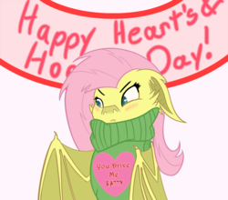 Size: 1000x881 | Tagged: safe, artist:krucification, fluttershy, bat pony, pony, g4, ask, clothes, female, flutterbat, hearts and hooves day, solo, sweater, sweatershy, tumblr, valentine's day