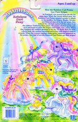 Size: 1116x1754 | Tagged: safe, photographer:hydreg, raincurl, ringlet, streaky, stripes (g1), g1, backcard, lore, pretty, rainbow, rainbow curl pony, ringlets, stripes, text