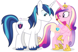 Size: 1050x700 | Tagged: safe, artist:dm29, princess cadance, shining armor, alicorn, pony, unicorn, g4, blowing a kiss, card, crown, duo, duo male and female, female, heart, hearts and hooves day, jewelry, male, mare, one eye closed, regalia, simple background, smiling, stallion, stare, transparent background, wing hold, wink