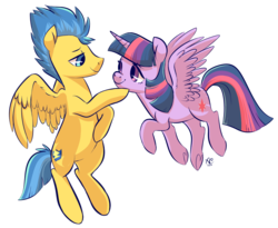 Size: 1024x841 | Tagged: safe, artist:comikazia, flash sentry, twilight sparkle, alicorn, pegasus, pony, g4, backwards cutie mark, eye contact, female, flying, male, mare, ship:flashlight, shipping, simple background, smiling, stallion, straight, transparent background, twilight sparkle (alicorn), underhoof