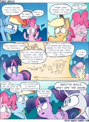 Size: 944x1294 | Tagged: safe, artist:capnpea, artist:kefkafloyd, applejack, fluttershy, pinkie pie, rainbow dash, rarity, twilight sparkle, alicorn, earth pony, pegasus, pony, unicorn, comic:three apples, g4, comic, female, mane six, mare, no pupils, twilight sparkle (alicorn), wing hands